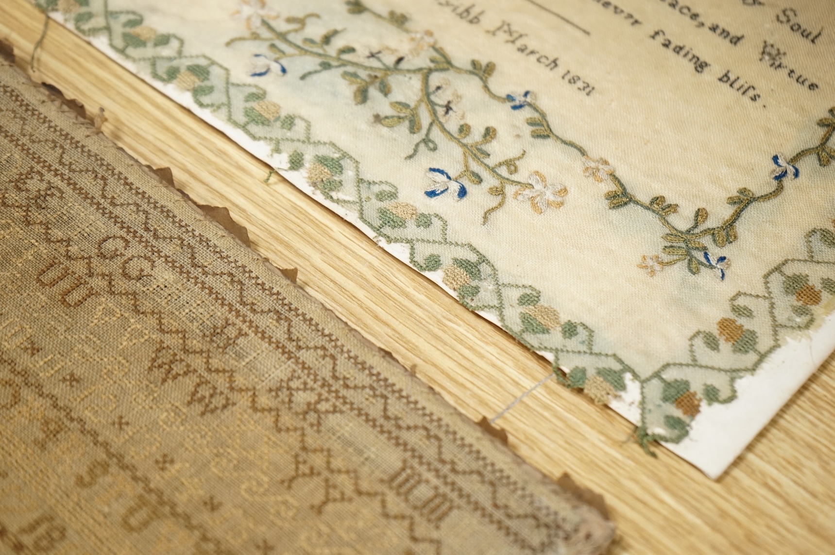 Two Victorian alphabet samplers to include one worked by Sarah Gibb, March 1831, unframed, largest 39cm high